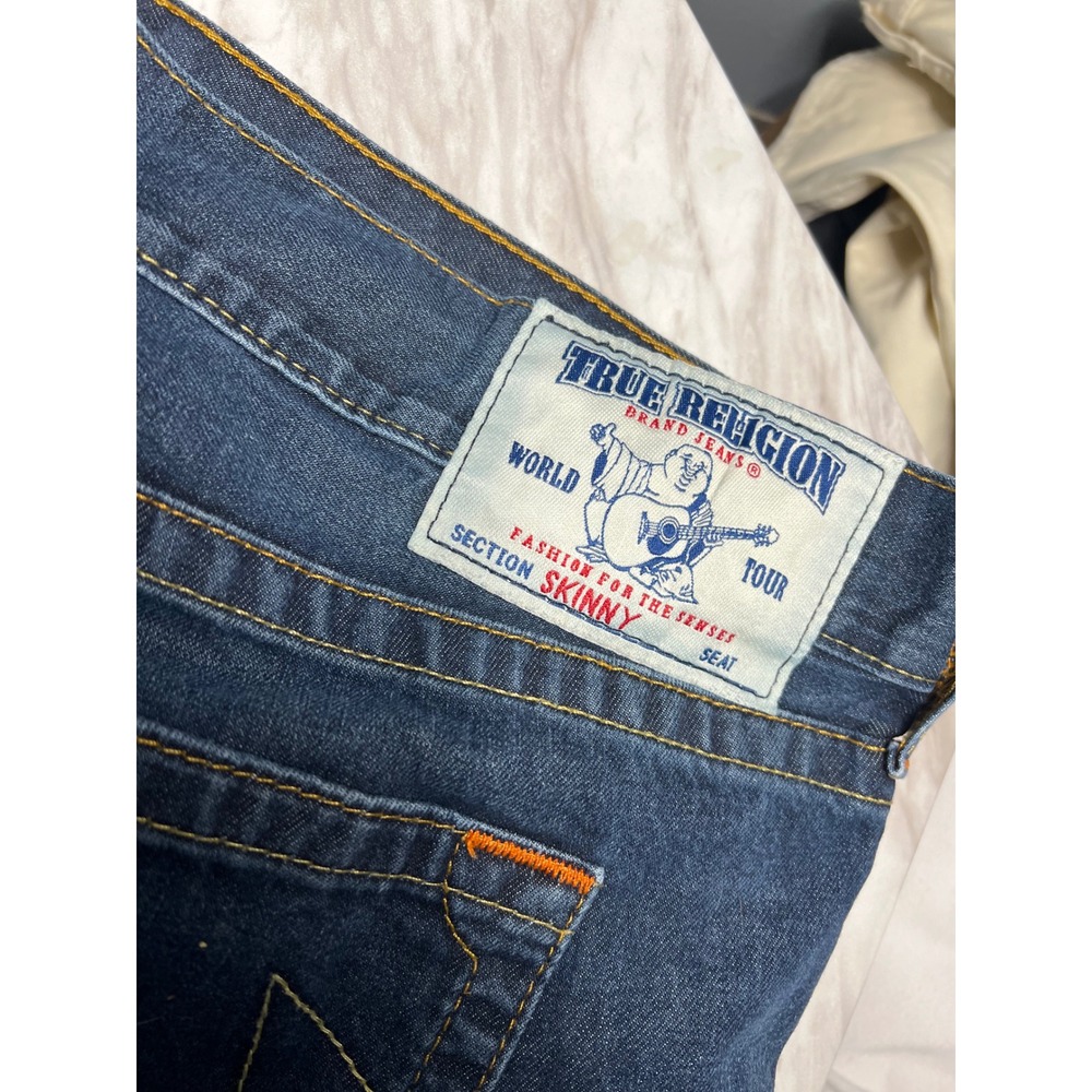 True Religion Skinny Jeans Mens 42x34 Dark Wash Denim Horseshoe Logo Blue